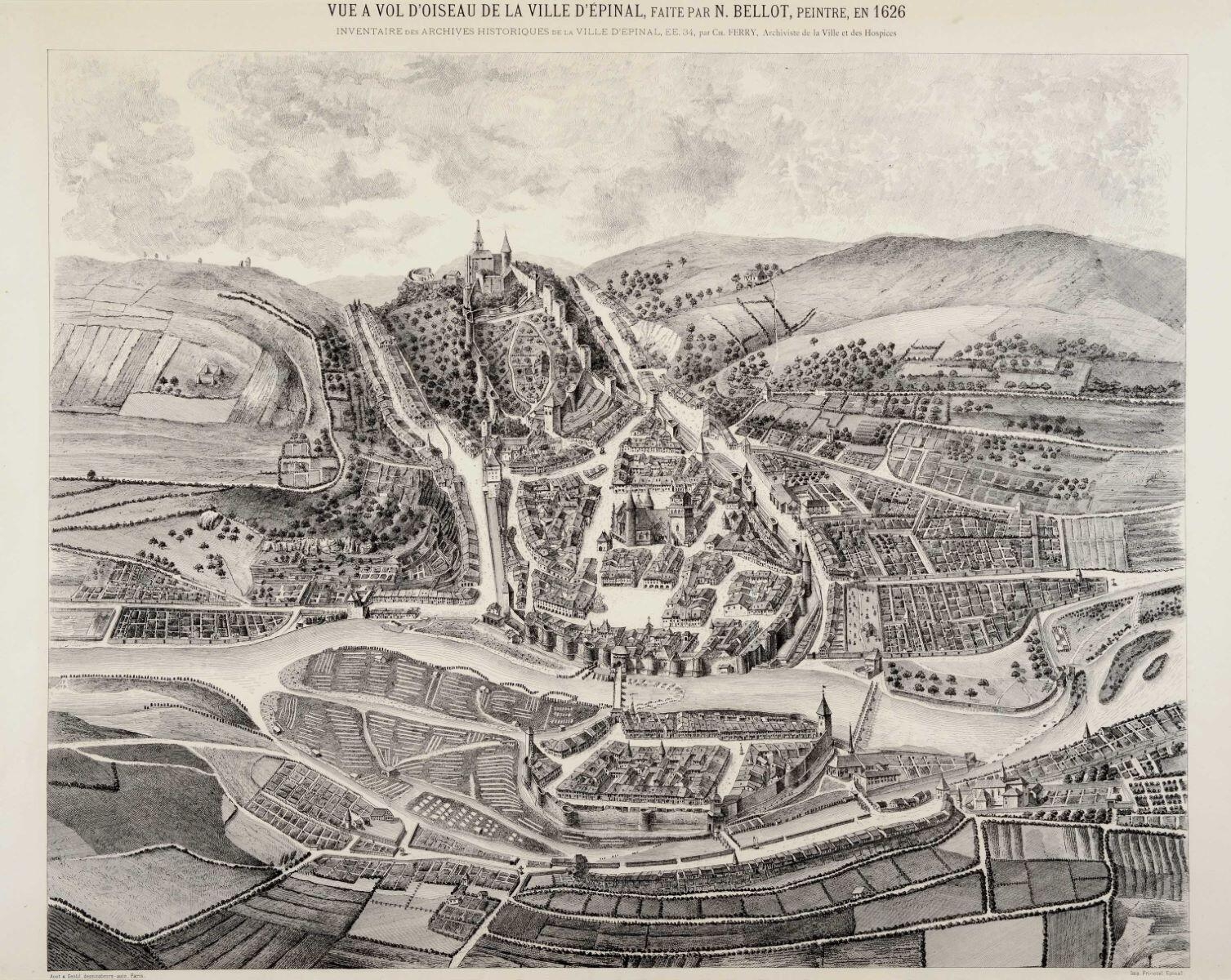 VUE A VOL D’OISEAU DE LA VILLE D’ÉPINAL, FAITE PAR N. BELLOT, PEINTRE EN 1626 (titre inscrit)