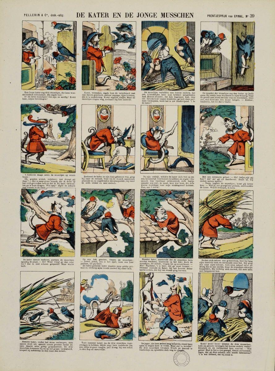 DE KATER EN DE JONGE MUSSCHEN (titre inscrit, néerl.) ; le chat et les jeunes moineaux (titre factice)