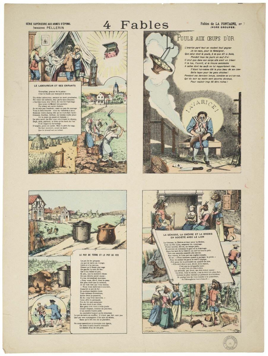 4 FABLES / LE LABOUREUR ET SES ENFANTS / POULE AUX OEUFS D’OR / LE POT DE TERRE ET LE POT DE FER / LA GENISSE, LA CHEVRE ET LA BREBIS EN SOCIETE AVEC LE LION (titre inscrit)