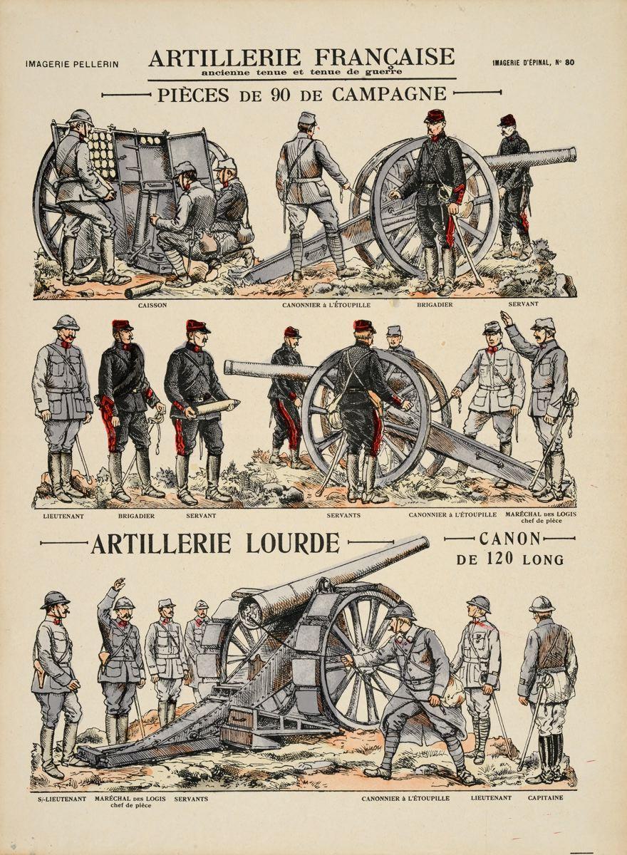 ARTILLERIE FRANÇAISE / ancienne tenue et tenue de guerre / PIÈCES DE 90 DE CAMPAGNE / ARTILLERIE LOURDE / CANON / DE 120 LONG  (titre inscrit)