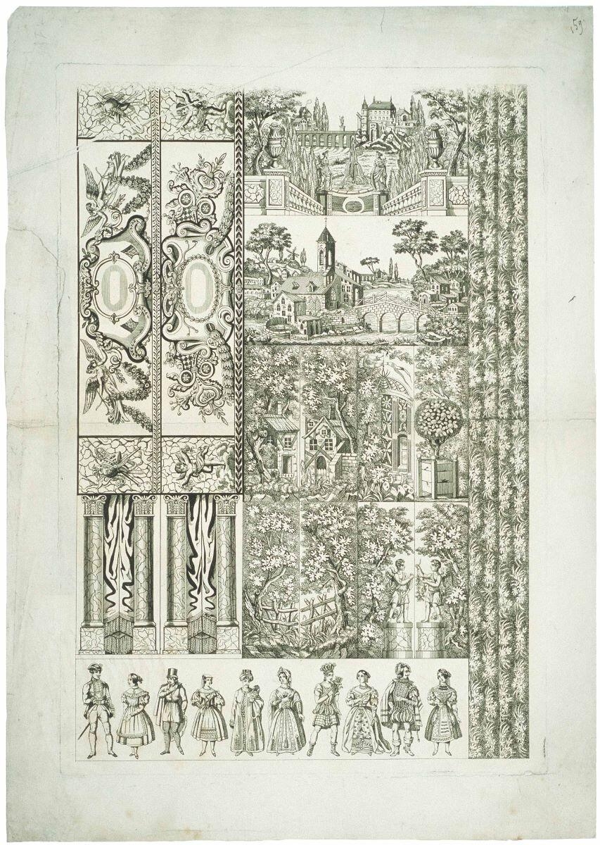 Deux théâtres complets avec fronton, fond, coulisses et personnages (titre factice)