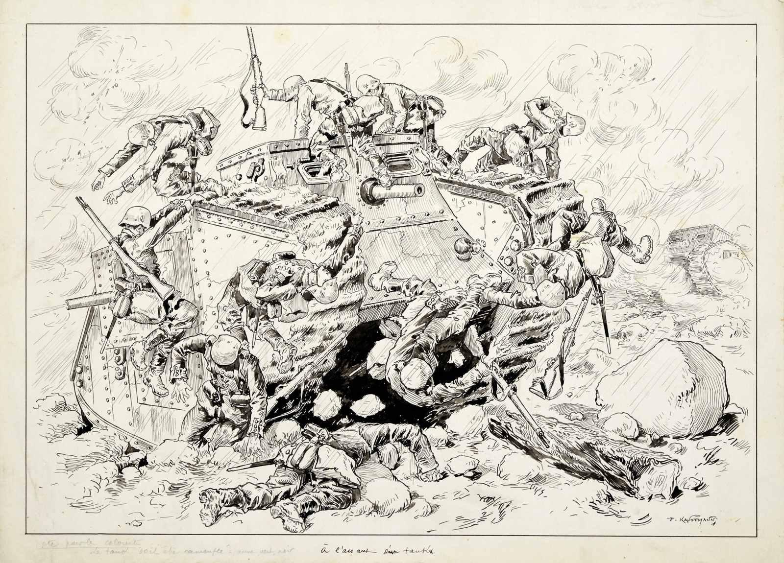 à l'assaut d'un tank (titre inscrit) ; Batailles de Cambrésis / OCTOBRE-NOVEMBRE 1917. A L'ASSAUT D'UN TANK (titre factice)