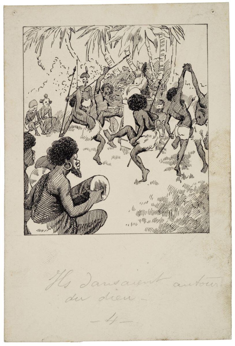 Ils dansaient autour du dieu 4 (titre inscrit) ; le chocolat, quatrième vignette de la première ligne (titre factice)