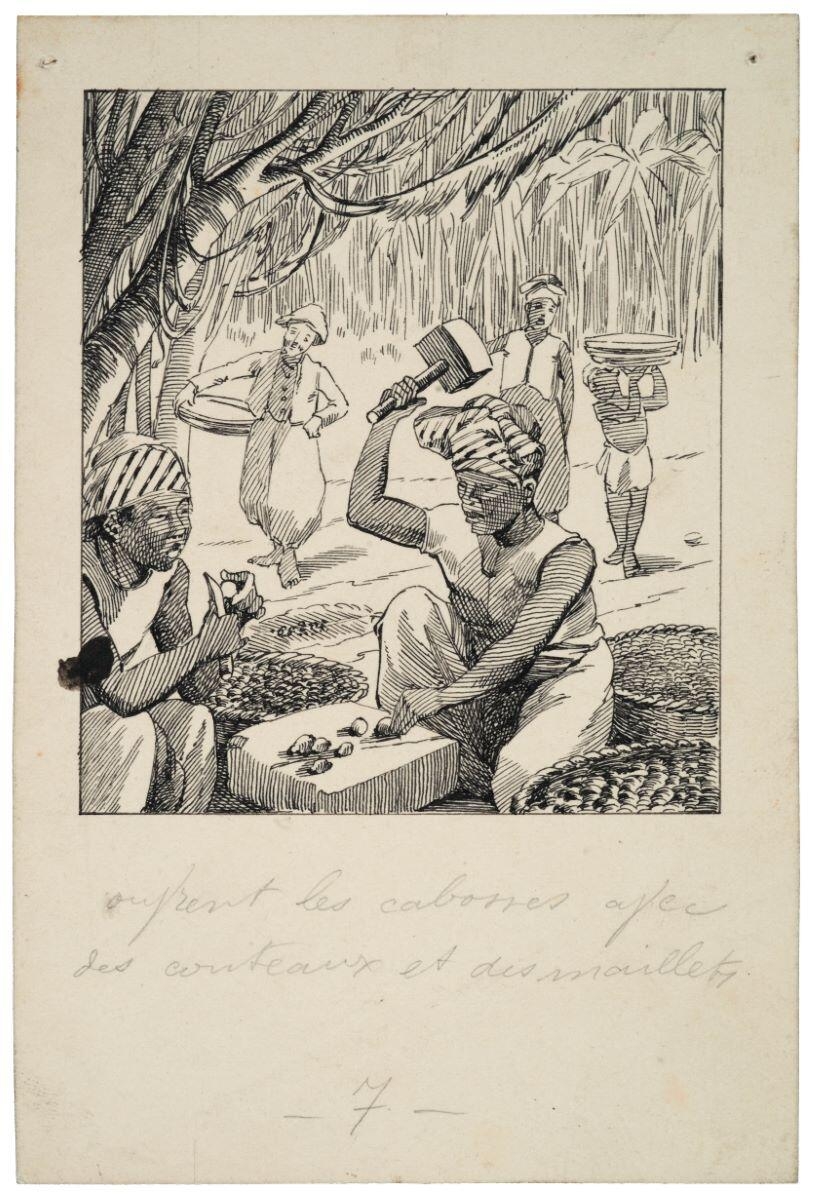 ouvrent les cabosses avec des couteaux et des maillets 7 (titre inscrit) ; le chocolat, quatrième vignette de la deuxième ligne (titre factice)