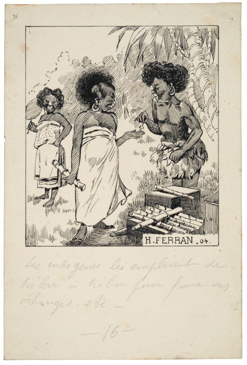 les indigènes les emploient de tribu à tribu pour faire des échanges etc 16 (titre inscrit) ; le chocolat, quatrième vignette de la quatrième ligne (titre factice)