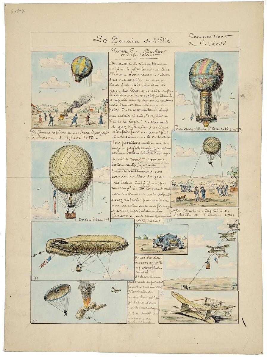 Le Domaine de l'Air / Planche 6 - Ballons / et Cerfs-Volant (titre inscrit) ; LE DOMAINE DE L'AIR ... la Grande Guerre PLANCHE N°6 / - BALLONS & CERFS-VOLANTS (titre factice)