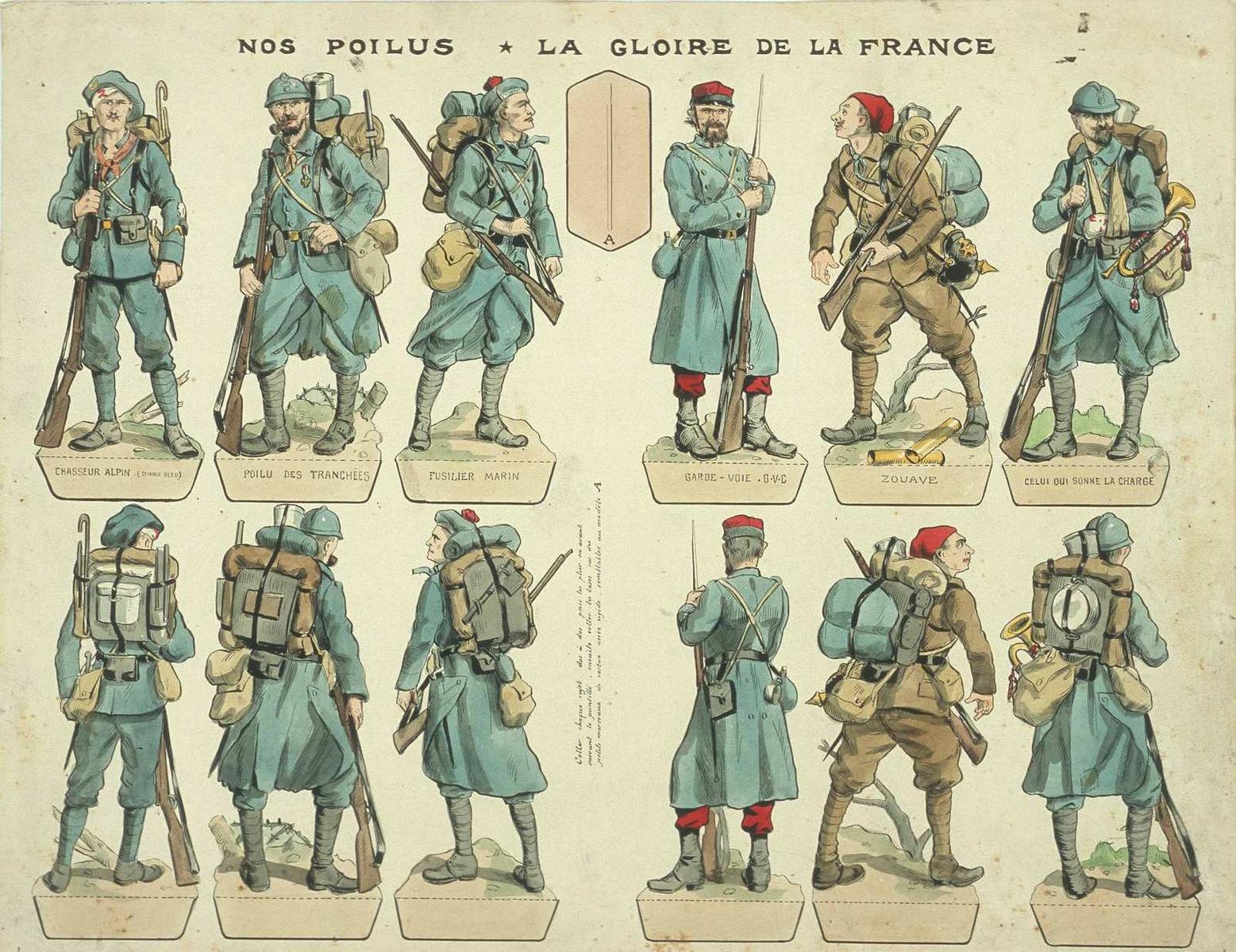 NOS POILUS A LA GLOIRE DE LA FRANCE (titre inscrit) ; TYPES DIVERS DE GLORIEUX POILUS (titre factice)