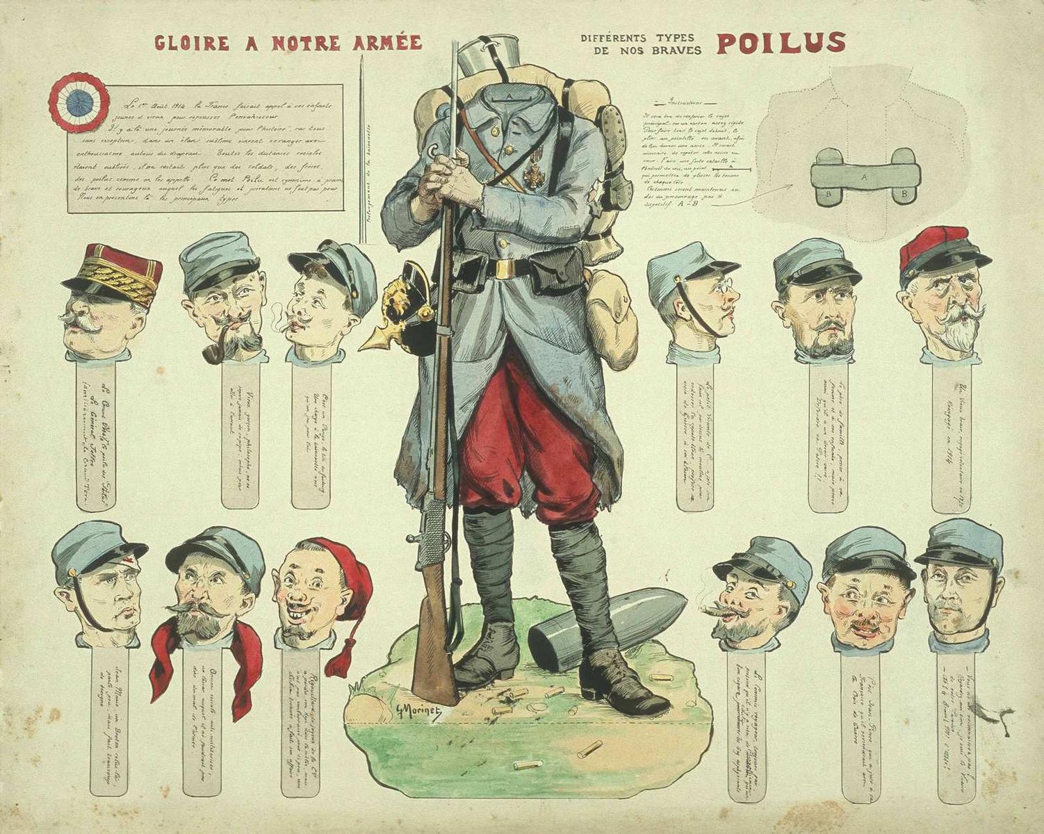 GLOIRE A NOTRE ARMÉE / DIFFÉRENTS TYPES DE NOS BRAVES POILUS (titre inscrit) ; Le POILU-TYPE (titre factice)