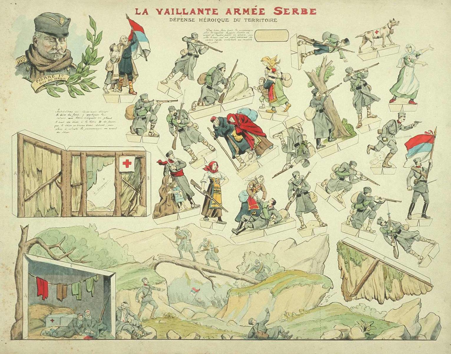 LA VAILLANTE ARMÉE SERBE / DÉFENSE HÉROIQUE DU TERRITOIRE (titre inscrit) ; L'HEROIQUE PEUPLE SERBE / ... défendant pied à pied le sol national. (titre factice)