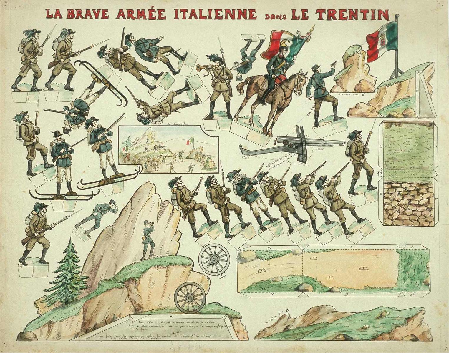 LA BRAVE ARMÉE ITALIENNE DANS LE TRENTIN (titre inscrit) ; ITALIENS BERSAGLIERS / ET CHASSEURS ALPINS COMBATTANT DANS LE TRENTIN (titre factice)