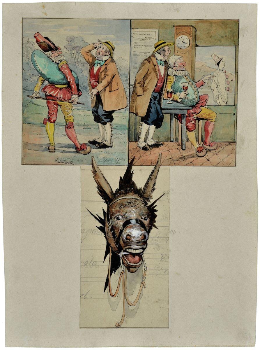 Polichinelle accuse Pierrot du vol de l'âne (titre inscrit)