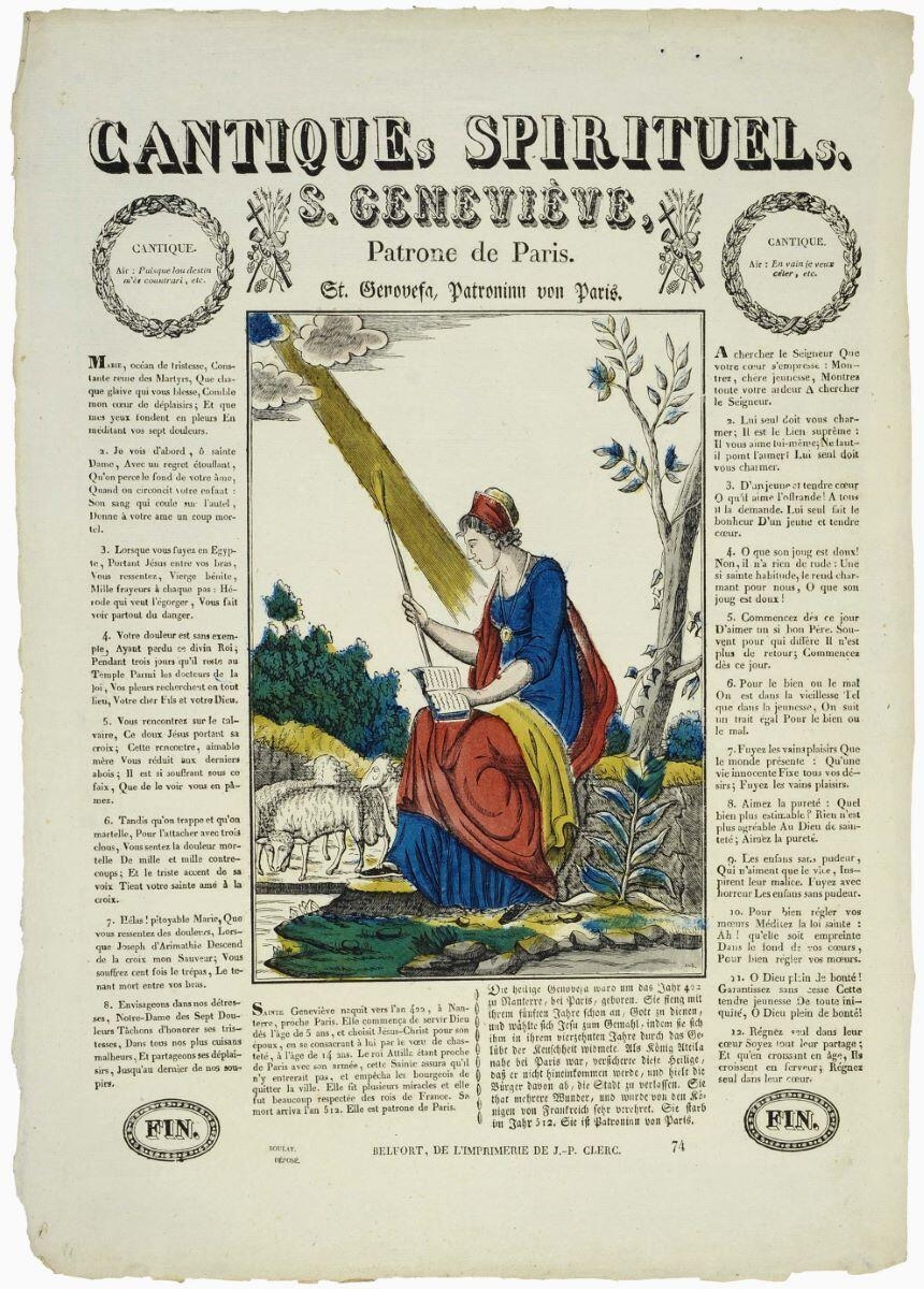 CANTIQUEs SPIRITUELs. / S. GENEVIEVE, / Patrone de Paris. (titre inscrit, français, allemand, gothique)