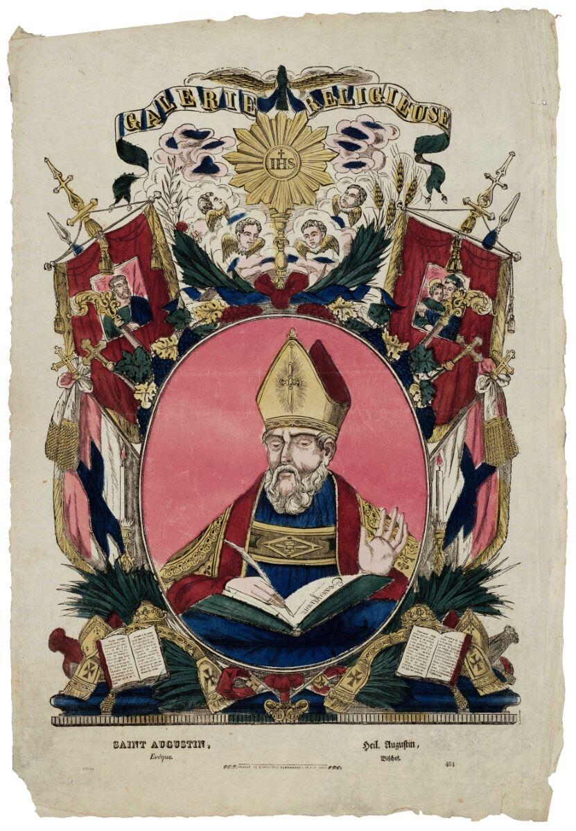 GALERIE RELIGIEUSE / SAINT AUGUSTIN, / Evêque. (titre inscrit, français, allemand, gothique)