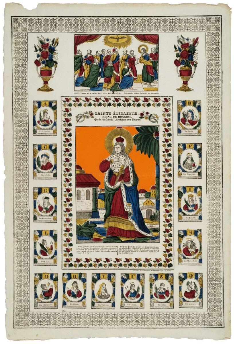 SAINTE ELISABETH, / REINE DE HONGRIE. (titre inscrit, fr. all., gothique)