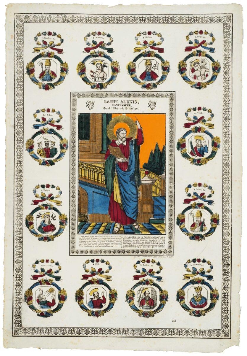 SAINT ALEXIS, / CONFESSEUR. (titre inscrit, fr., all., gothique)