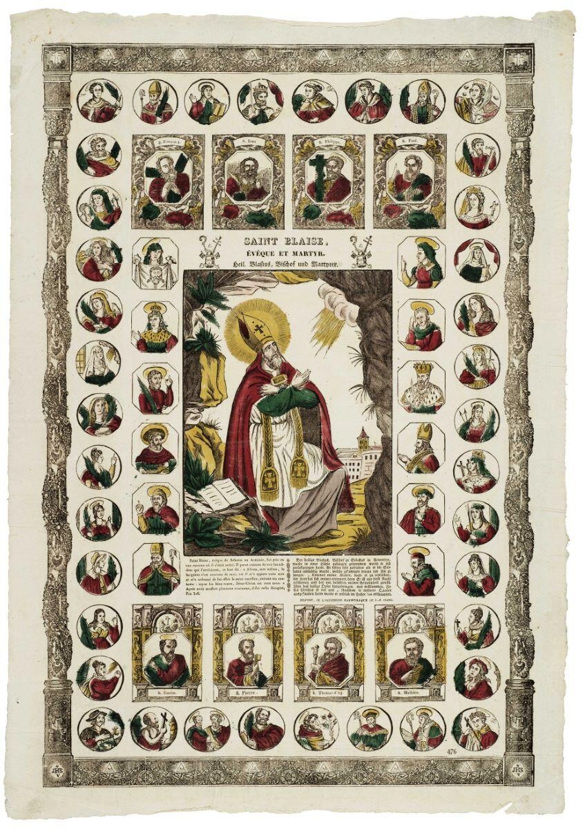 SAINT BLAISE, / ÉVÊQUE ET MARTYR. (titre inscrit, fr., all., gothique)