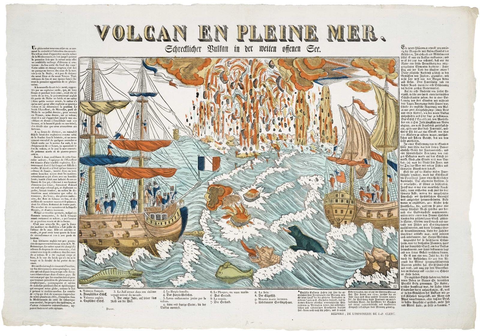 VOLCAN EN PLEINE MER. (titre inscrit, français, allemand, gothique)