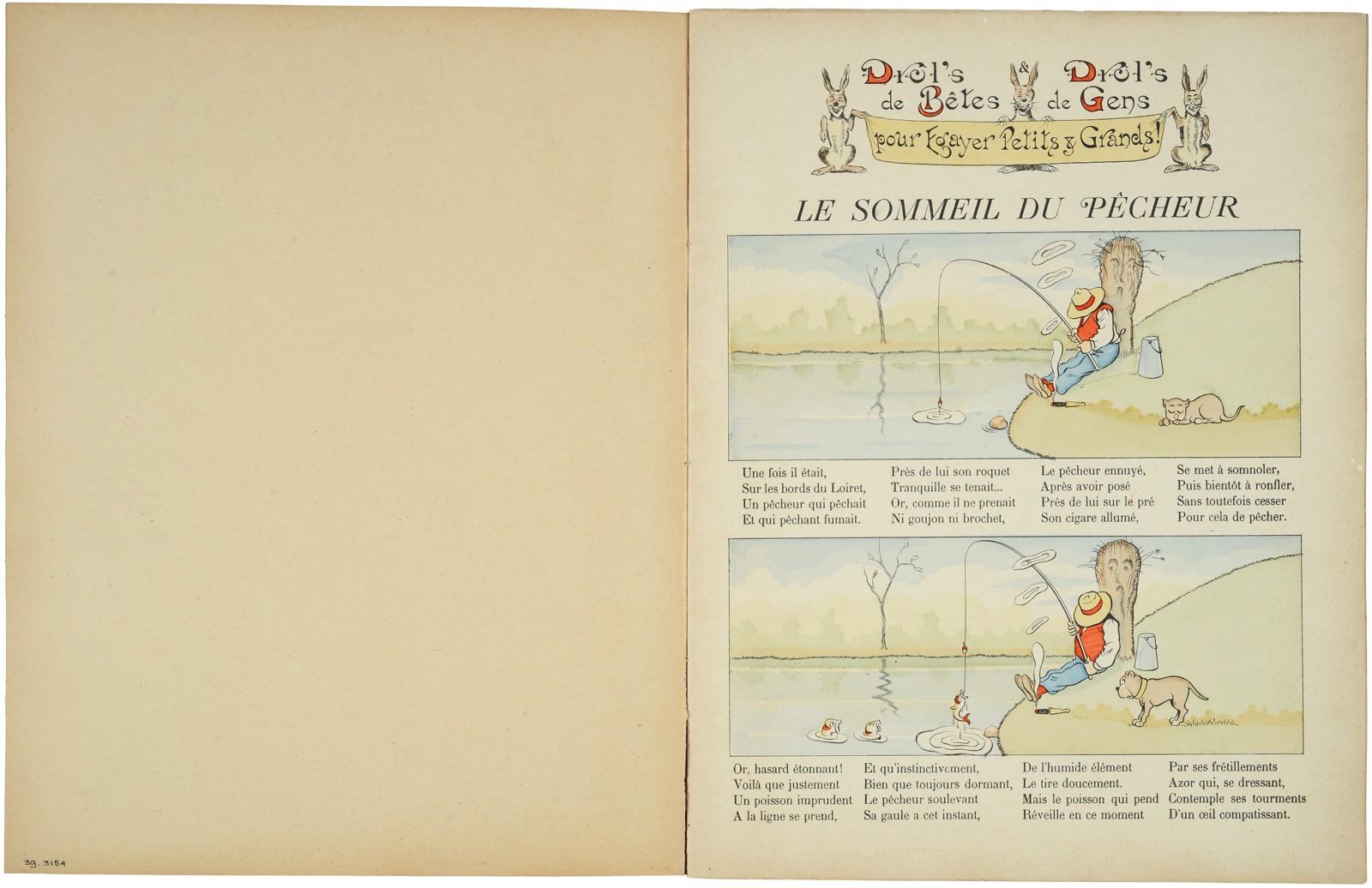 Drol's de Bêtes & Drol's de Gens / pour Egayer Petits & Grands ! / LE SOMMEIL DU PÊCHEUR (titre inscrit) ; SERIE UNIVERSELLE / DROL'S / DE / BETES / & DROL'S DE GENS ! / pour égayer / PETITS & GRANDS: / tout ça PAR Benjamin Rabier : historiette pages 1 et 2 (titre factice)