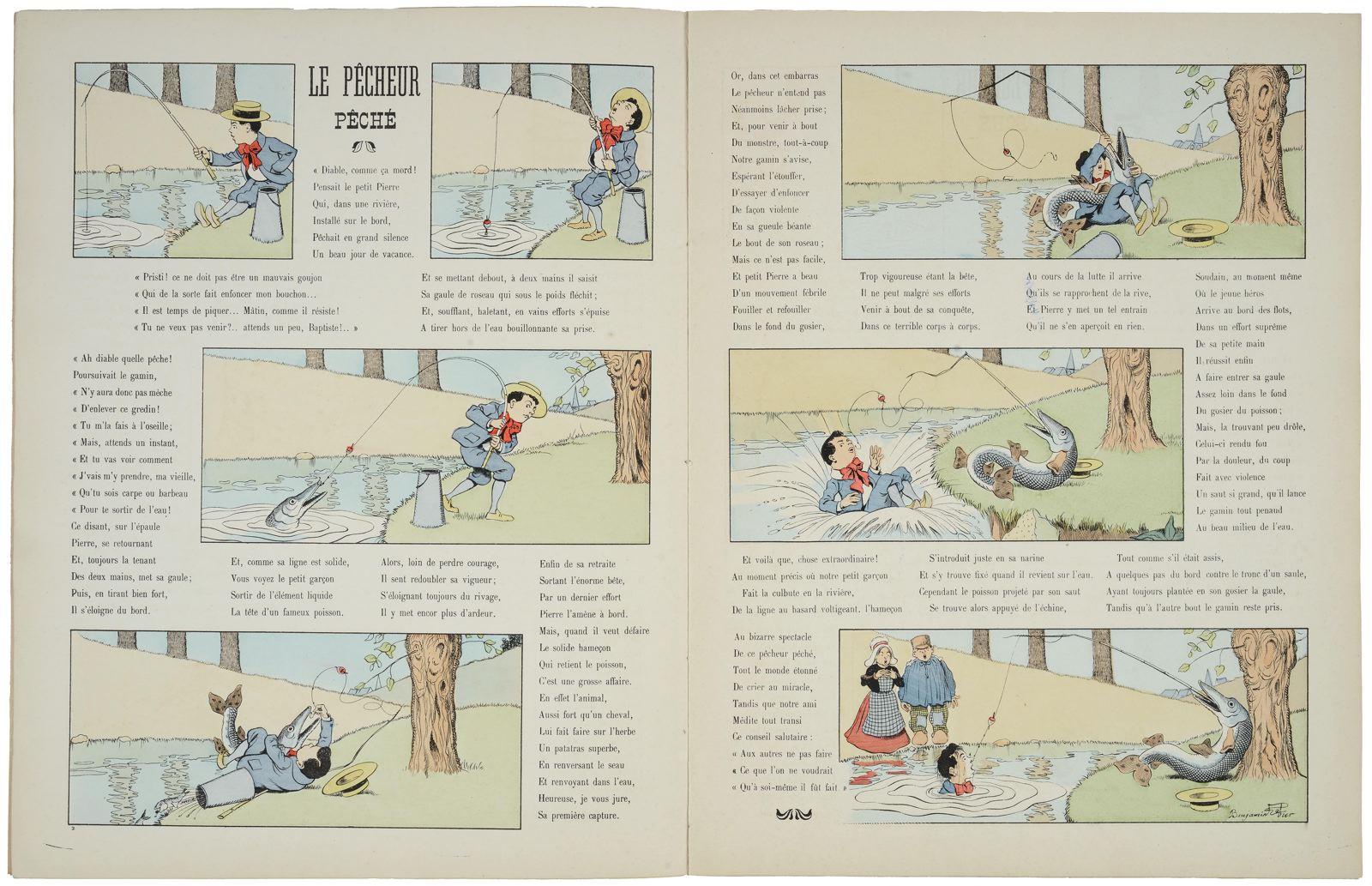 LE PECHEUR / PECHE (titre inscrit) ; SERIE UNIVERSELLE / DROL'S / DE / BETES / & DROL'S DE GENS ! / pour égayer / PETITS & GRANDS: / tout ça PAR Benjamin Rabier : historiette pages 4 et 5 (titre factice)