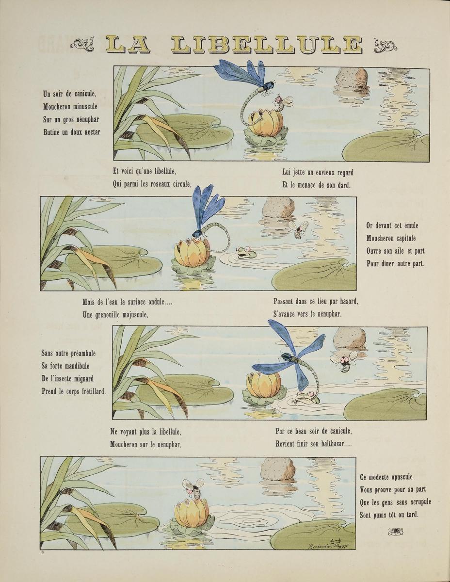 LA LIBELLULE (titre inscrit) ; SERIE UNIVERSELLE / DROL'S / DE / BETES / & DROL'S DE GENS ! / pour égayer / PETITS & GRANDS: / tout ça PAR Benjamin Rabier : historiette page 6 (titre factice)