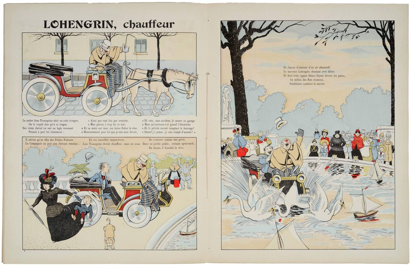LOHENGRIN, chauffeur (titre inscrit) ; SERIE UNIVERSELLE / DROL'S / DE / BETES / & DROL'S DE GENS ! / pour égayer / PETITS & GRANDS: / tout ça PAR Benjamin Rabier : historiette pages 8 et 9 (titre factice)