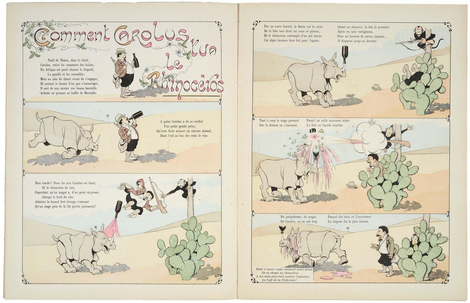 Comment CAROLUS / tua / le / Rhinocéros (titre inscrit) ; SERIE UNIVERSELLE / DROL'S / DE / BETES / & DROL'S DE GENS ! / pour égayer / PETITS & GRANDS : / tout ça PAR Benjamin Rabier : historiette pages 10 et 11 (titre factice)