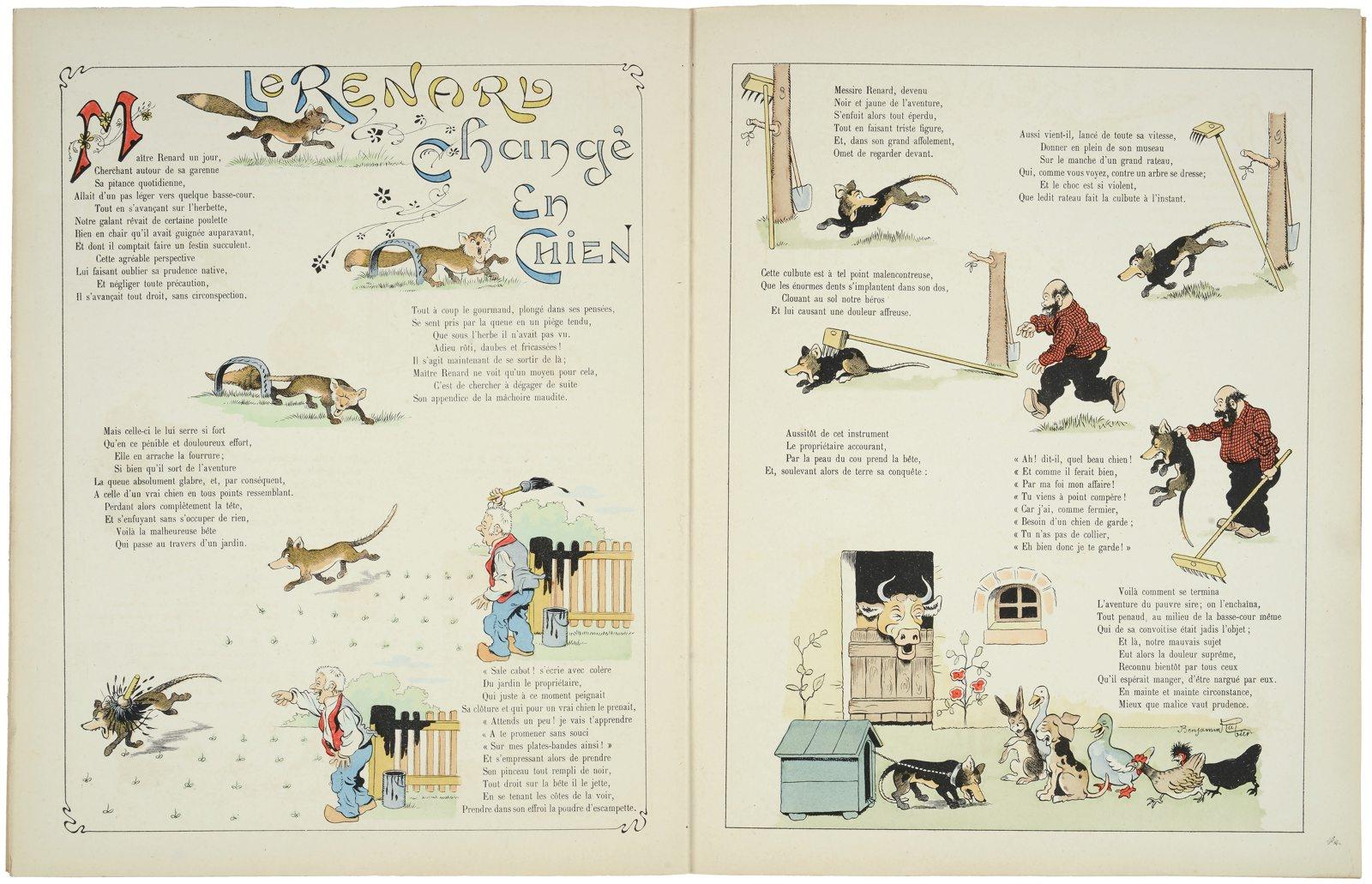 Le RENARD / changé / En / CHiEN (titre inscrit) ; SERIE UNIVERSELLE / DROL'S / DE / BETES / & DROL'S DE GENS ! / pour égayer / PETITS & GRANDS : / tout ça PAR Benjamin Rabier : historiette pages 14 et 15 (titre factice)