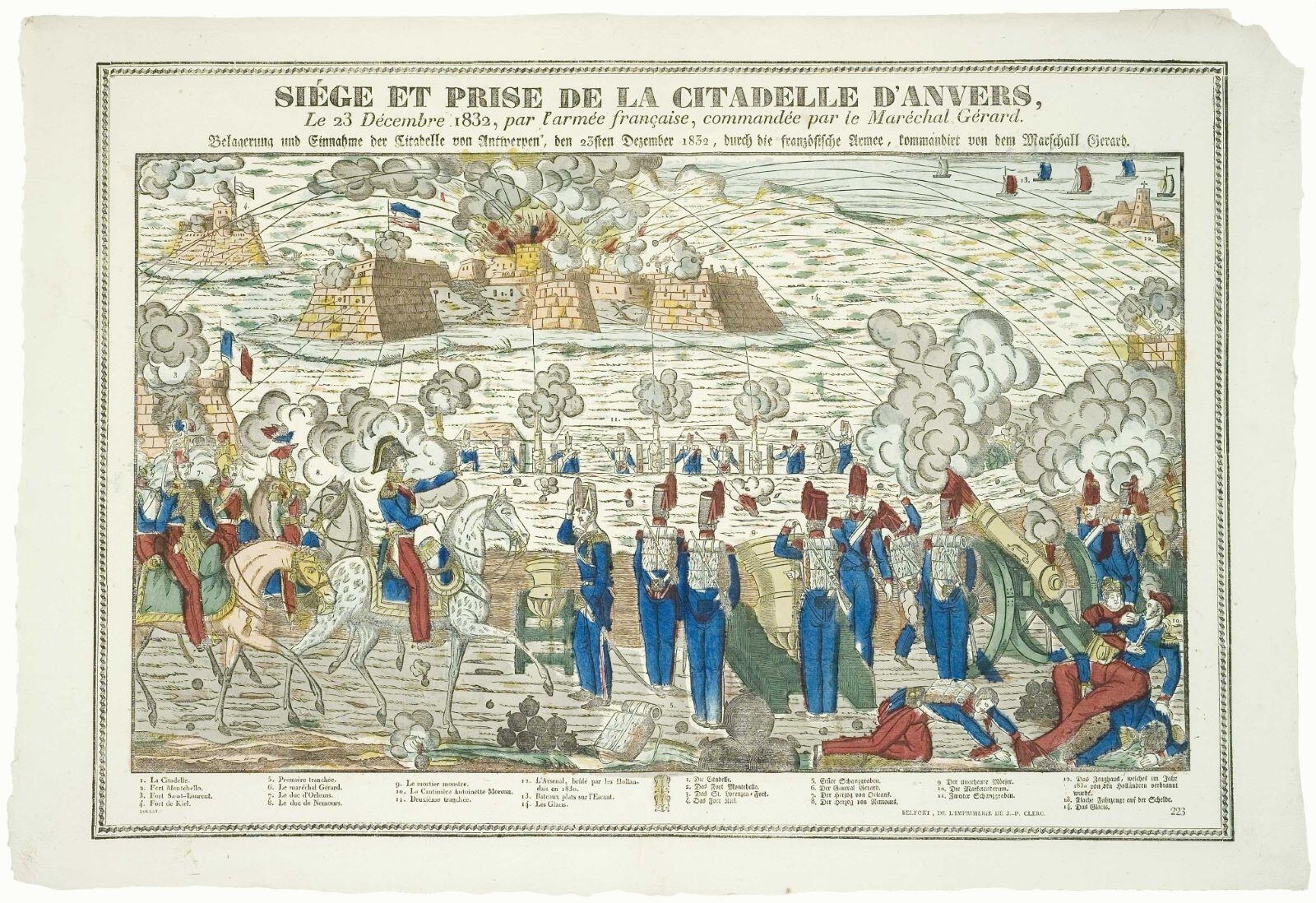 SIÉGE ET PRISE DE LA CITADELLE D'ANVERS, / Le 23 Décembre 1832, par l’armée française, commandée par le Maréchal Gérard. (titre inscrit, fr., all., gothique)