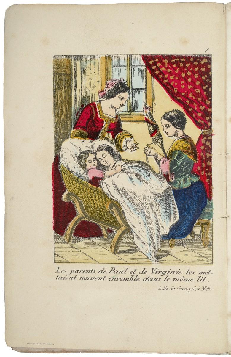 Les parents de Paul et Virginie les mettent souvent ensemble dans le même lit. (titre inscrit) ; PAUL / et / VIRGINIE : illustration page 1(titre factice)