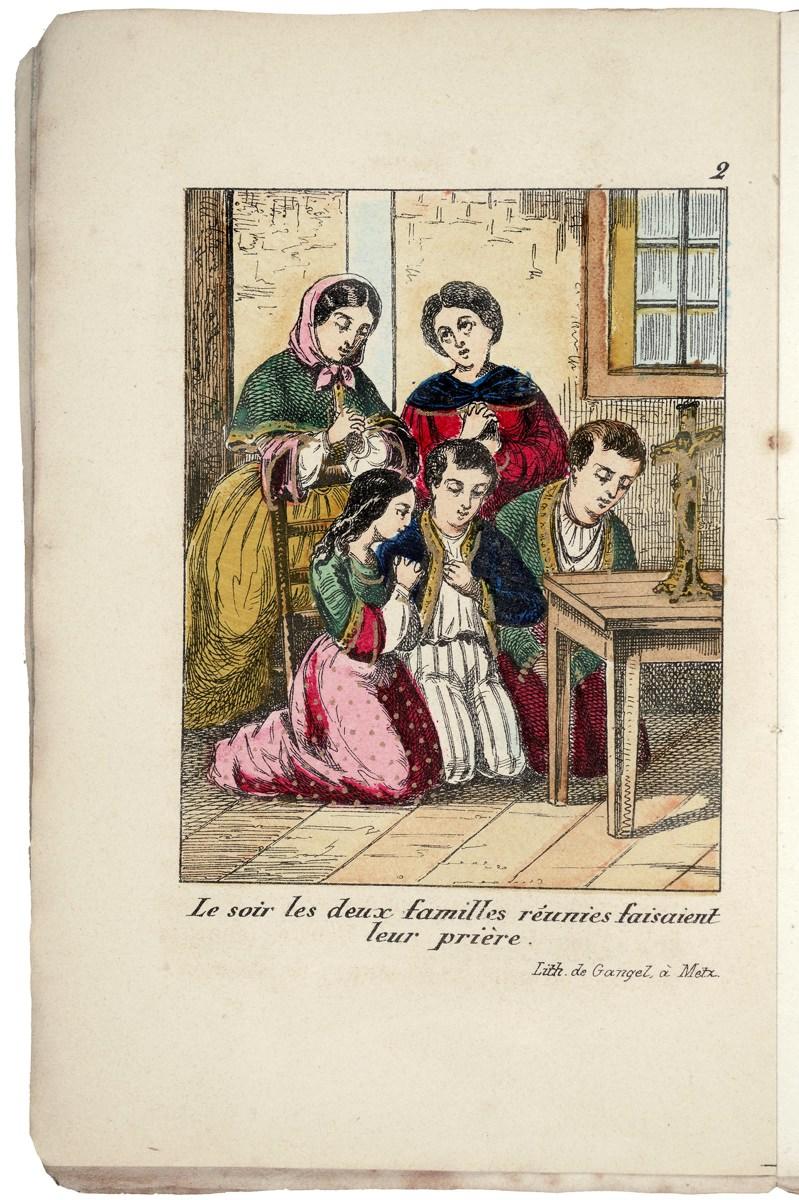 Le soir les deux familles réunies faisaient leur prière. (titre inscrit) ; PAUL / et / VIRGINIE : illustration page 9 (titre factice)