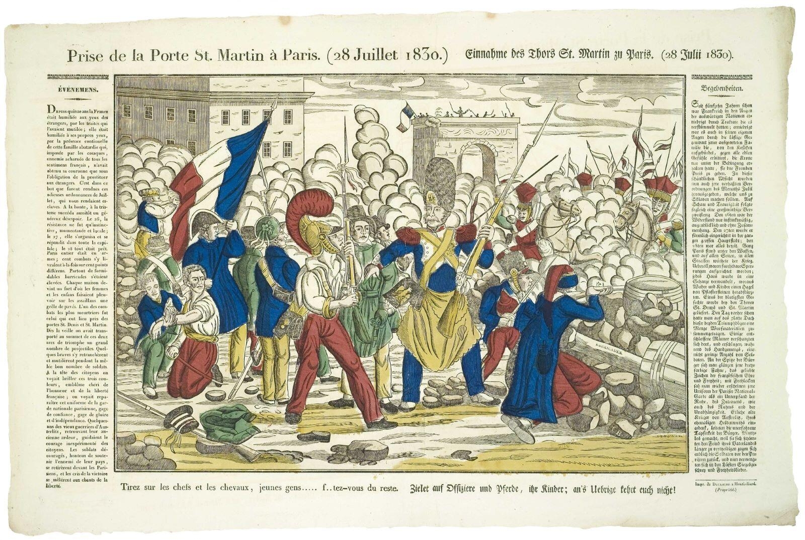 Prise de la Porte St. Martin à Paris. (28 juillet 1830.) (titre inscrit, fr., all., gothique)