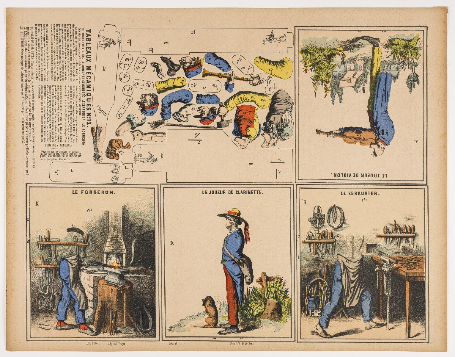 TABLEAUX MÉCANIQUES. N°.12. / LE JOUEUR DE VIOLON. LE JOUEUR DE CLARINETTE. LE SERRURIER. LE FORGERON. (titre inscrit)