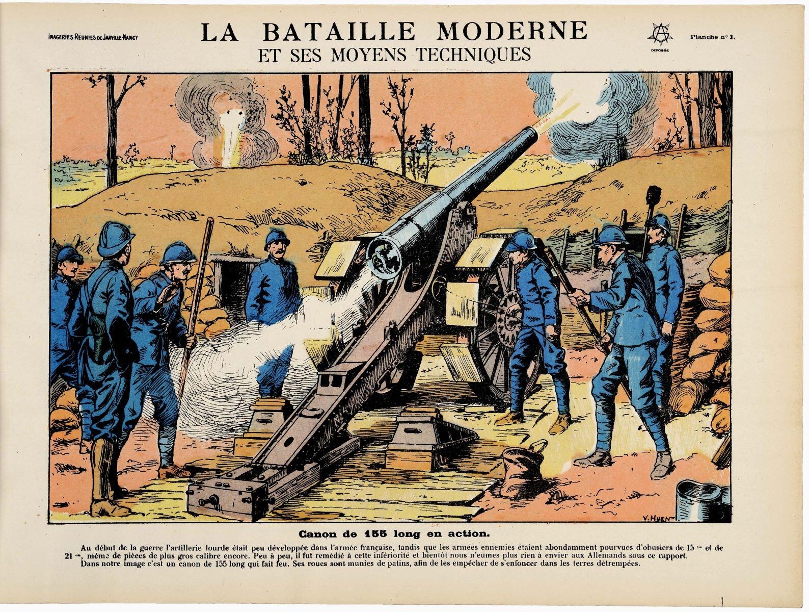 LA BATAILLE MODERNE / ET SES MOYENS TECHNIQUES / Canon de 155 long en action. (titre inscrit)