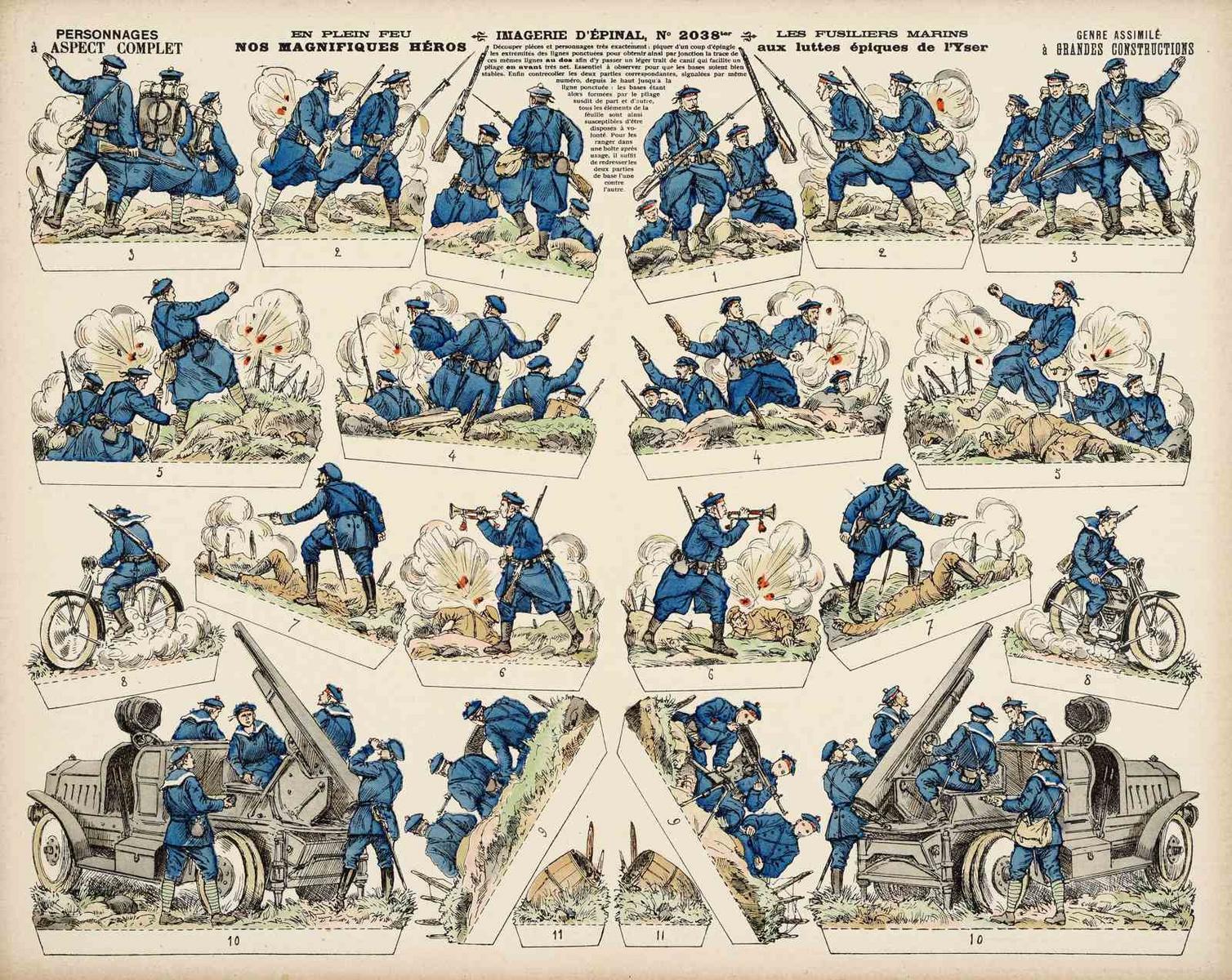 EN PLEIN FEU / NOS MAGNIFIQUES HÉROS / LES FUSILIERS MARINS / aux luttes épiques de l'Yser (titre inscrit)