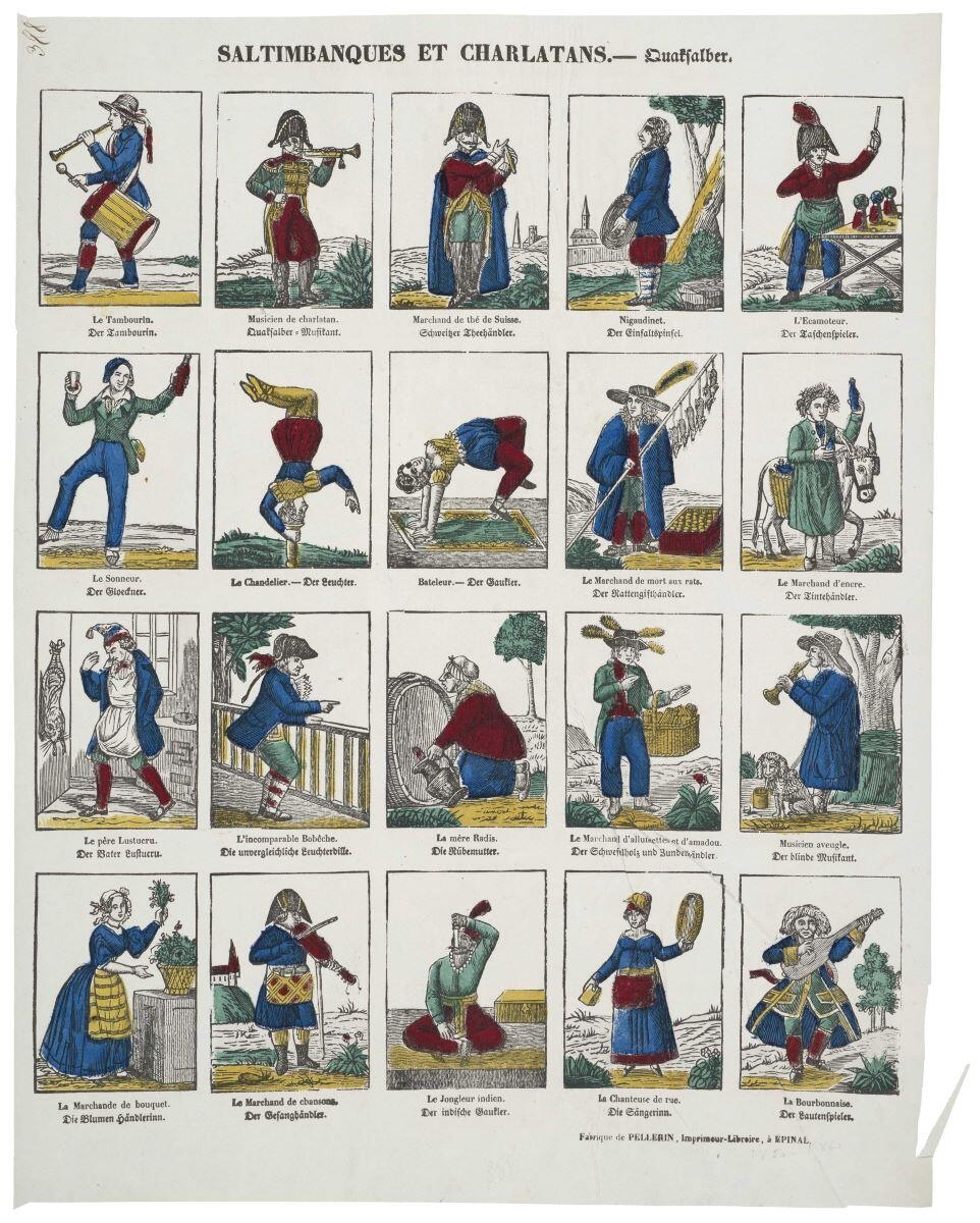 SALTIMBANQUES ET CHARLATANS. (titre inscrit, fr., all.)