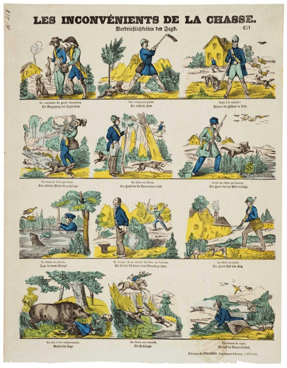 LES INCONVÉNIENTS DE LA CHASSE. / 451 (titre inscrit, fr., all.)
