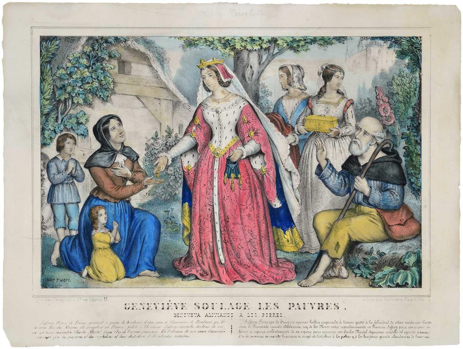 GENEVIÈVE SOULAGE LES PAUVRES. (titre inscrit, fr., esp.)