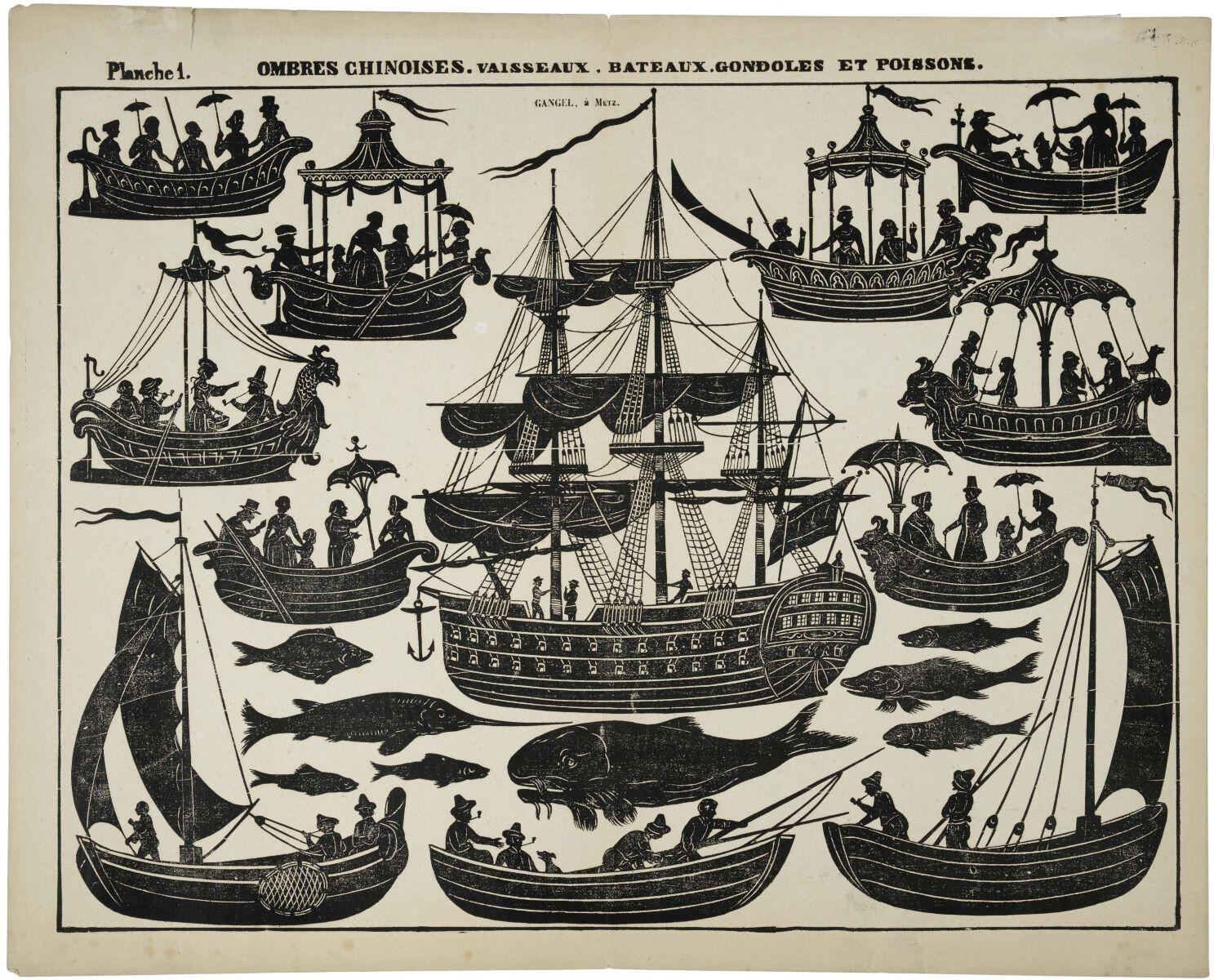 Planche 1. OMBRES CHINOISES. VAISSEAUX, BATEAUX, GONDOLES ET POISSONS. (titre inscrit)