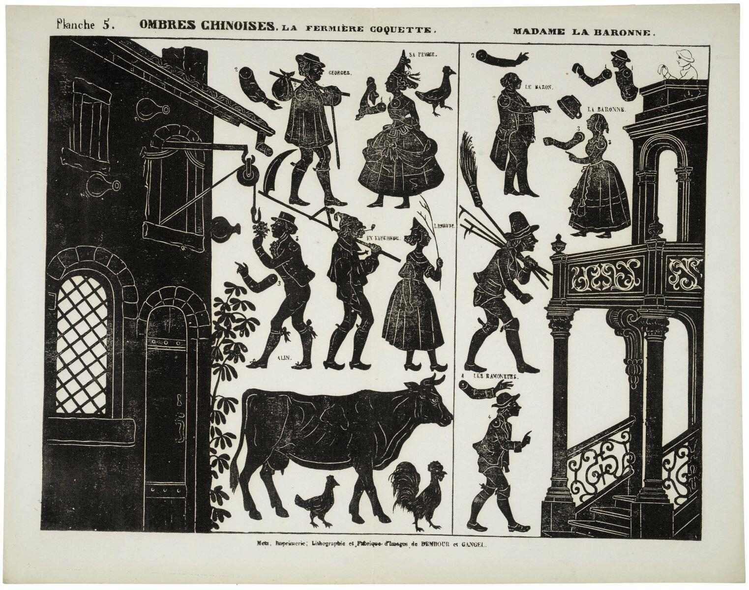 Planche 5. OMBRES CHINOISES. LA FERMIÈRE COQUETTE. MADAME LA BARONNE. (titre inscrit)