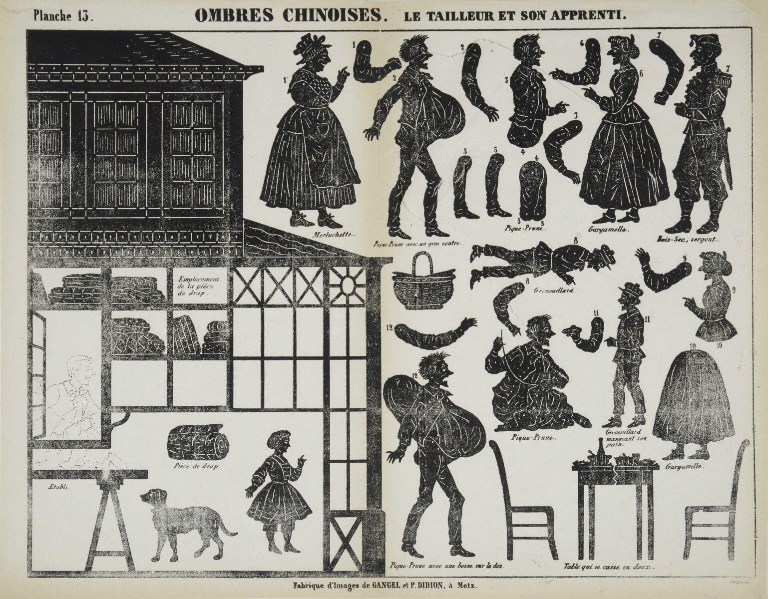 Planche 13. OMBRES CHINOISES. LE TAILLEUR ET SON APPRENTI. (titre inscrit)