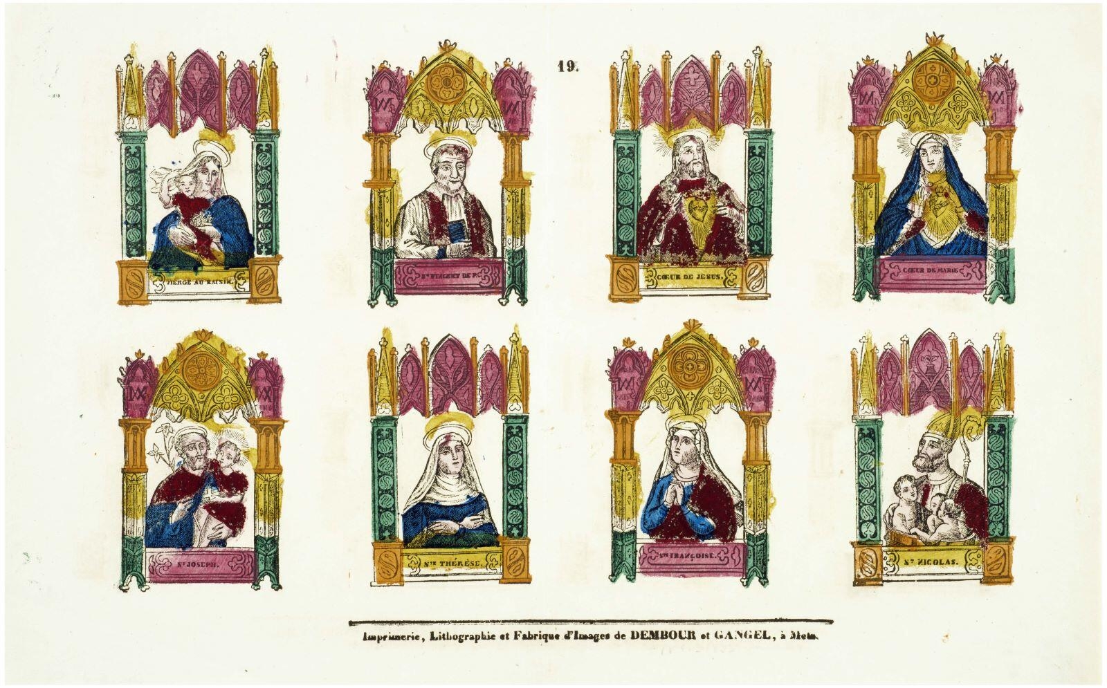 VIERGE AU RAISIN. […] ST. NICOLAS. 19. (titre inscrit) ; planche de saintetés (titre factice)
