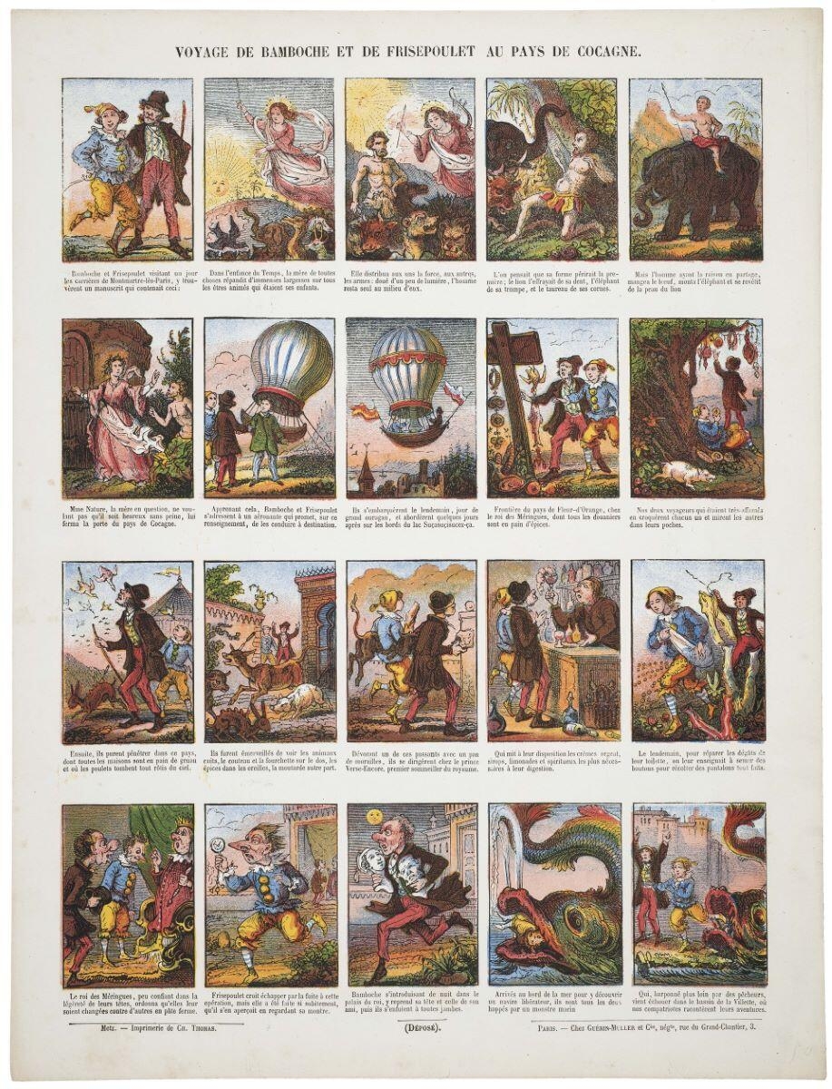 VOYAGE DE BAMBOCHE ET DE FRISEPOULET AU PAYS DE COCAGNE. (titre inscrit)