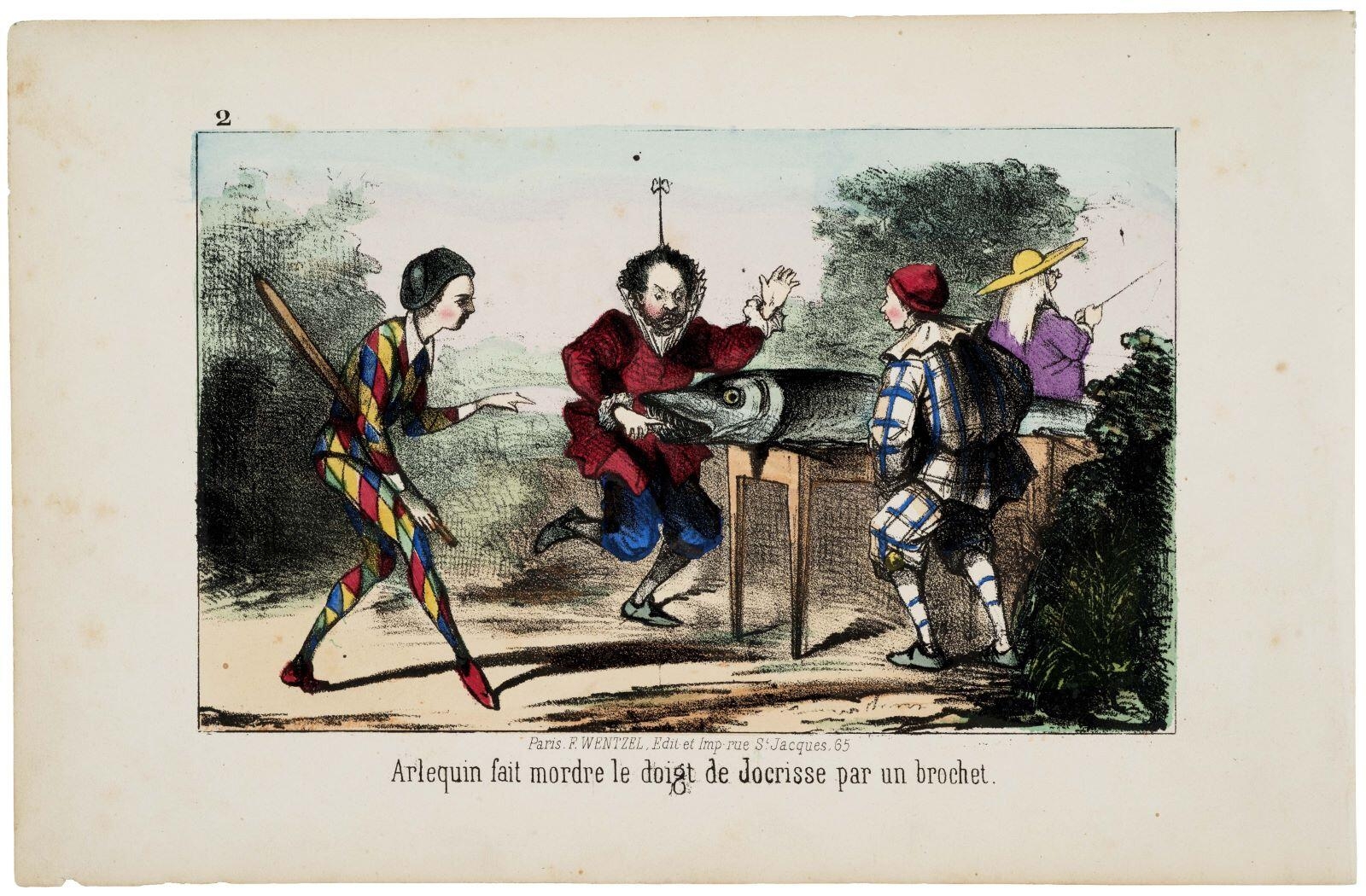 2 / Arlequin fait mordre le doigt de Jocrisse par un brochet. (titre inscrit)