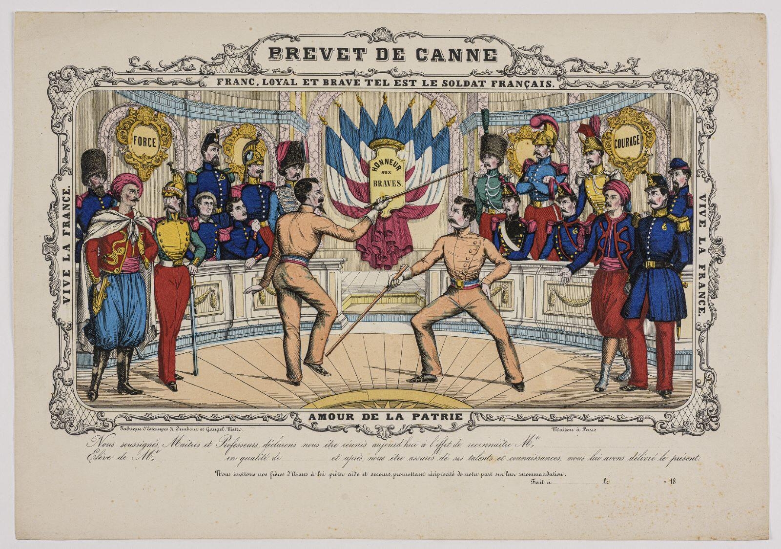 BREVET DE CANNE / FRANC, LOYAL ET BRAVE TEL ESTR LE SOLDAT FRANÇAIS. / VIVE LA FRANCE. / VIVE LA FRANCE. / AMOUR DE LA PATRIE. (titre inscrit)