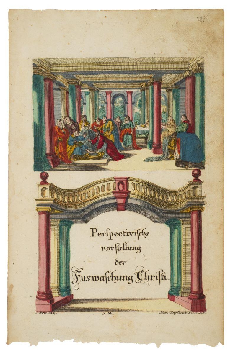 Perspectivische / vorstellung / der / Fuswaschung Christi. / 5.M. (titre isncrit, all.) ; Perspective du lavement des pieds par le Christ (titre factice)