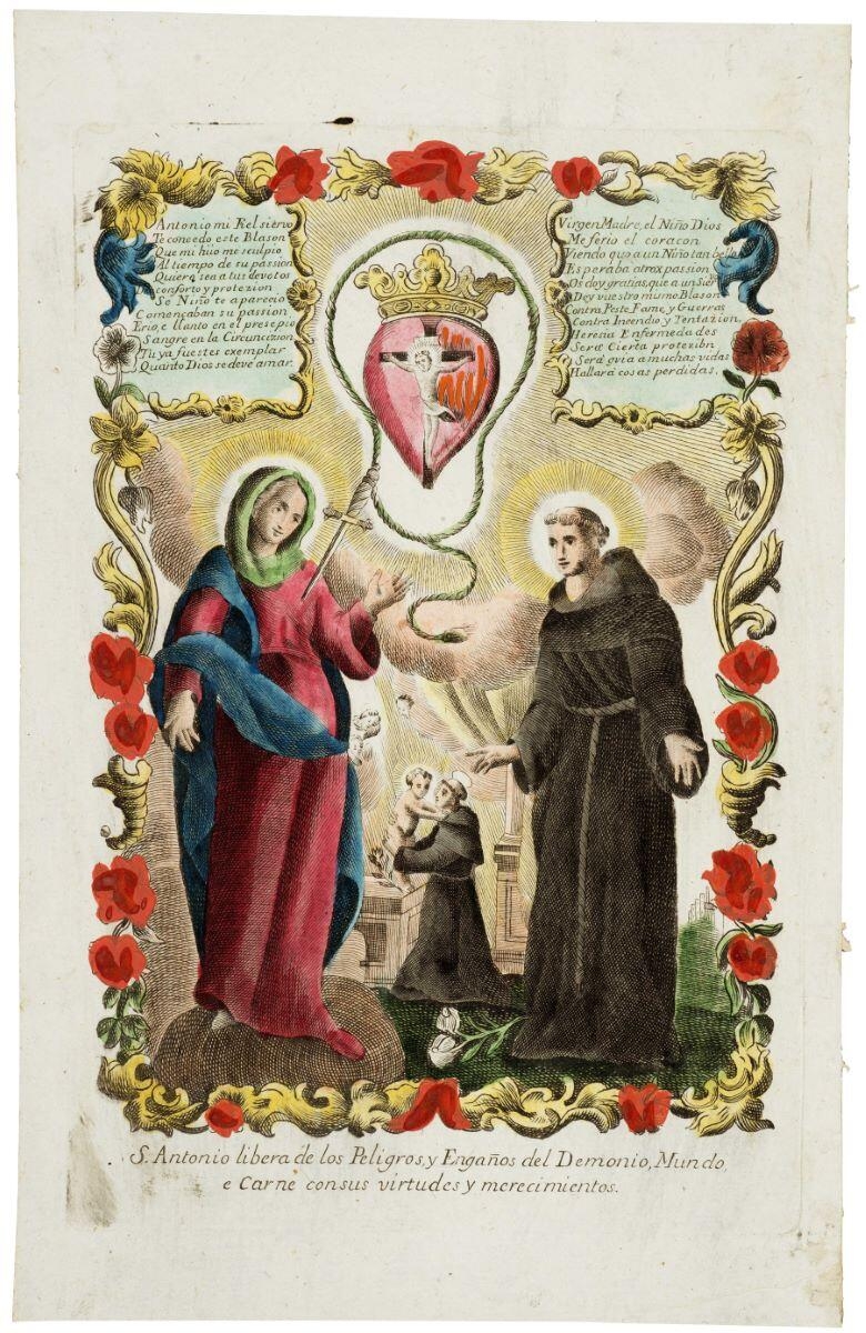 S. Antonio libera de los Peligros, y Enganos del Demonio, Mundo, / e Carne consus virtudes y merecimientos. (titre inscrit) ; Saint Antoine libère des dangers et des déceptions du démon, du monde et de la chair avec ses vertus et ses mérites (titre traduit)