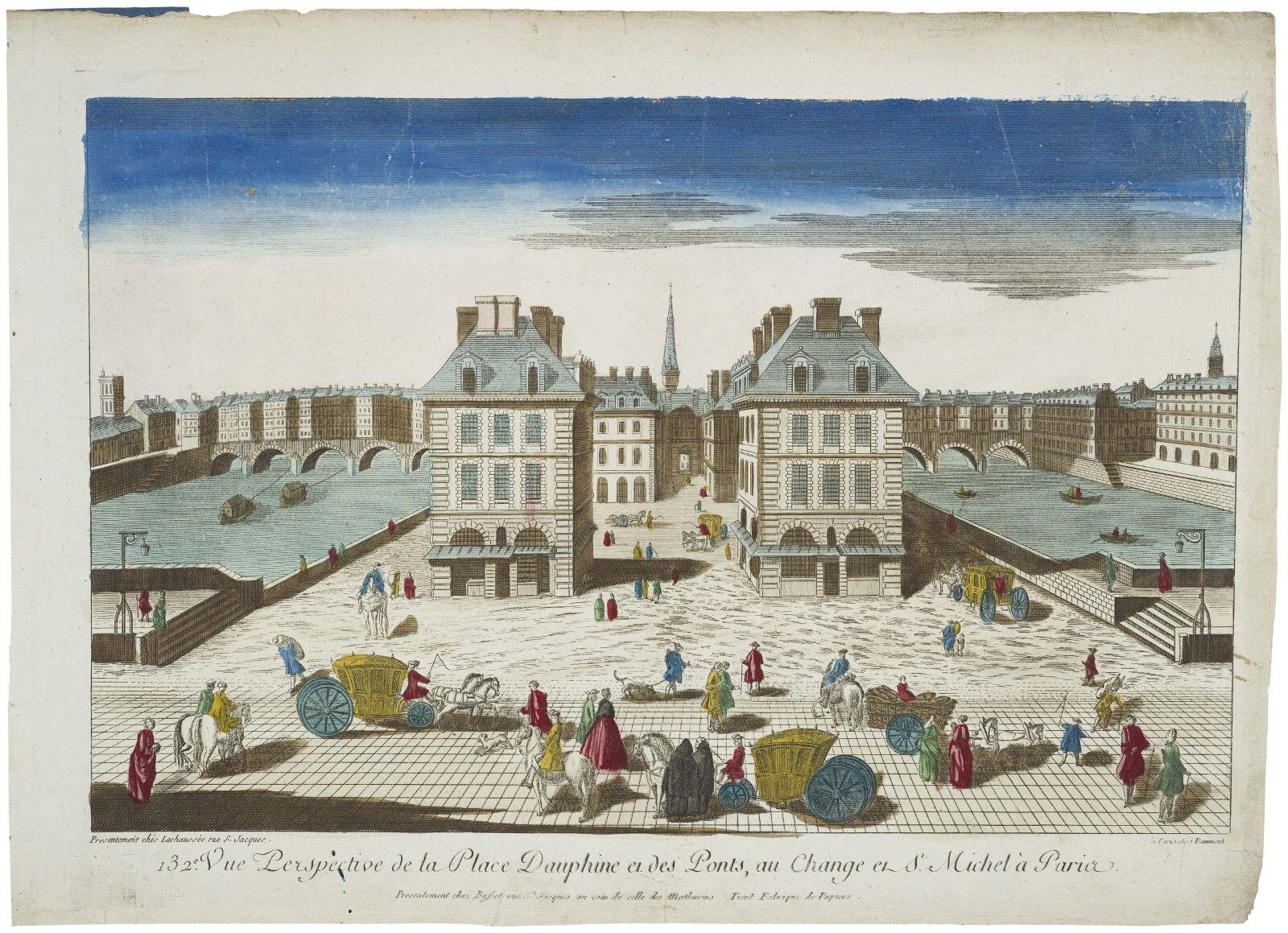 132e Vue Perspective de la Place Dauphine et des Ponts, au Change et St. Michel à Paris. (titre inscrit, fr.)