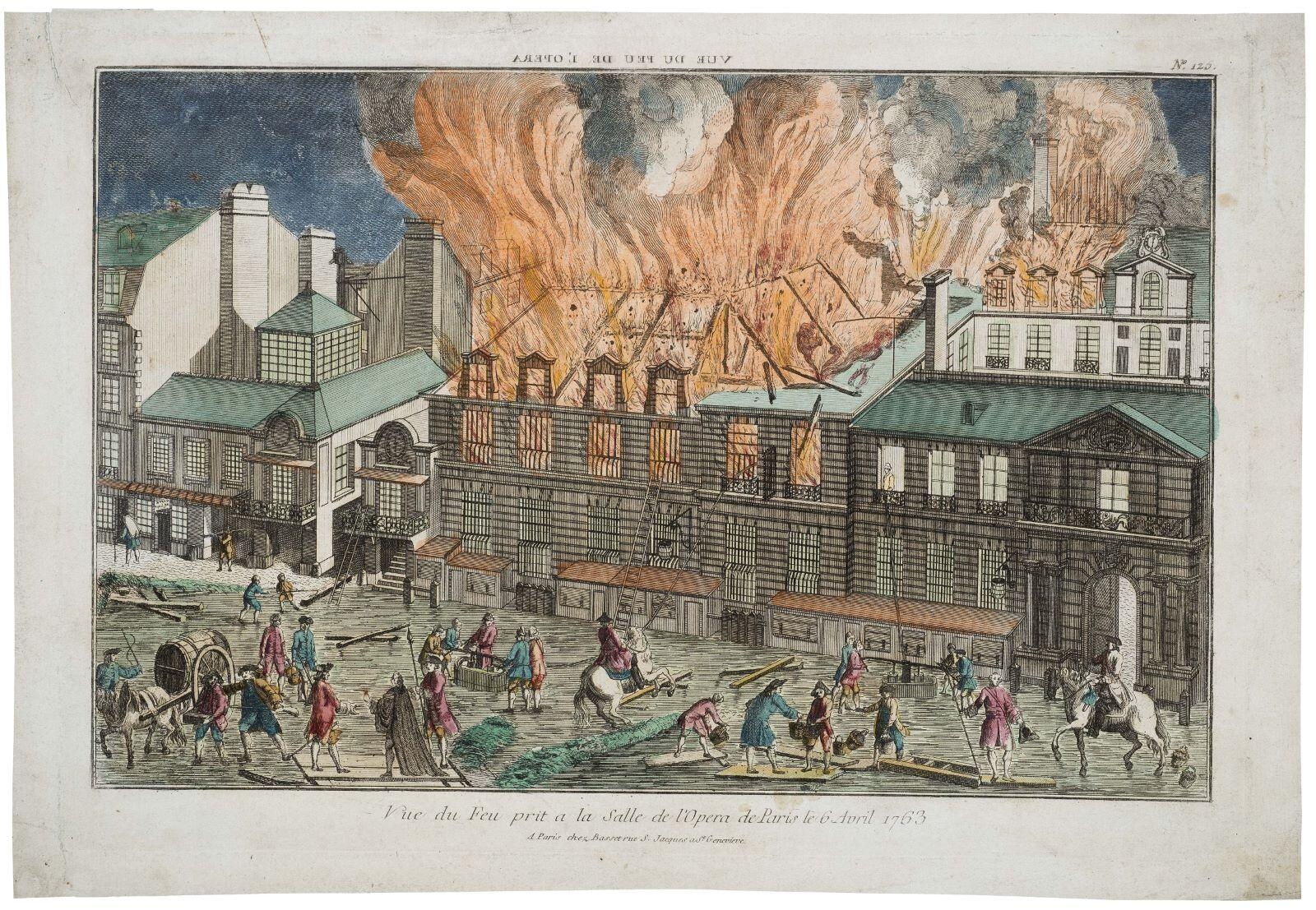 Vue du Feu prit a la Salle de l'Opera de Paris le 6 Avril 1763 / N°. 125. (titre isncrit)