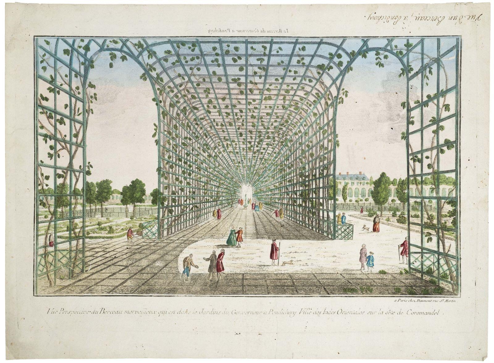 Vüe Perspective du Berceau merveilleux qui est dans le Jardins du Gouverneur a Pondichery Ville des Indes Orientales sur la côte de Coromandel. (titre inscrit)