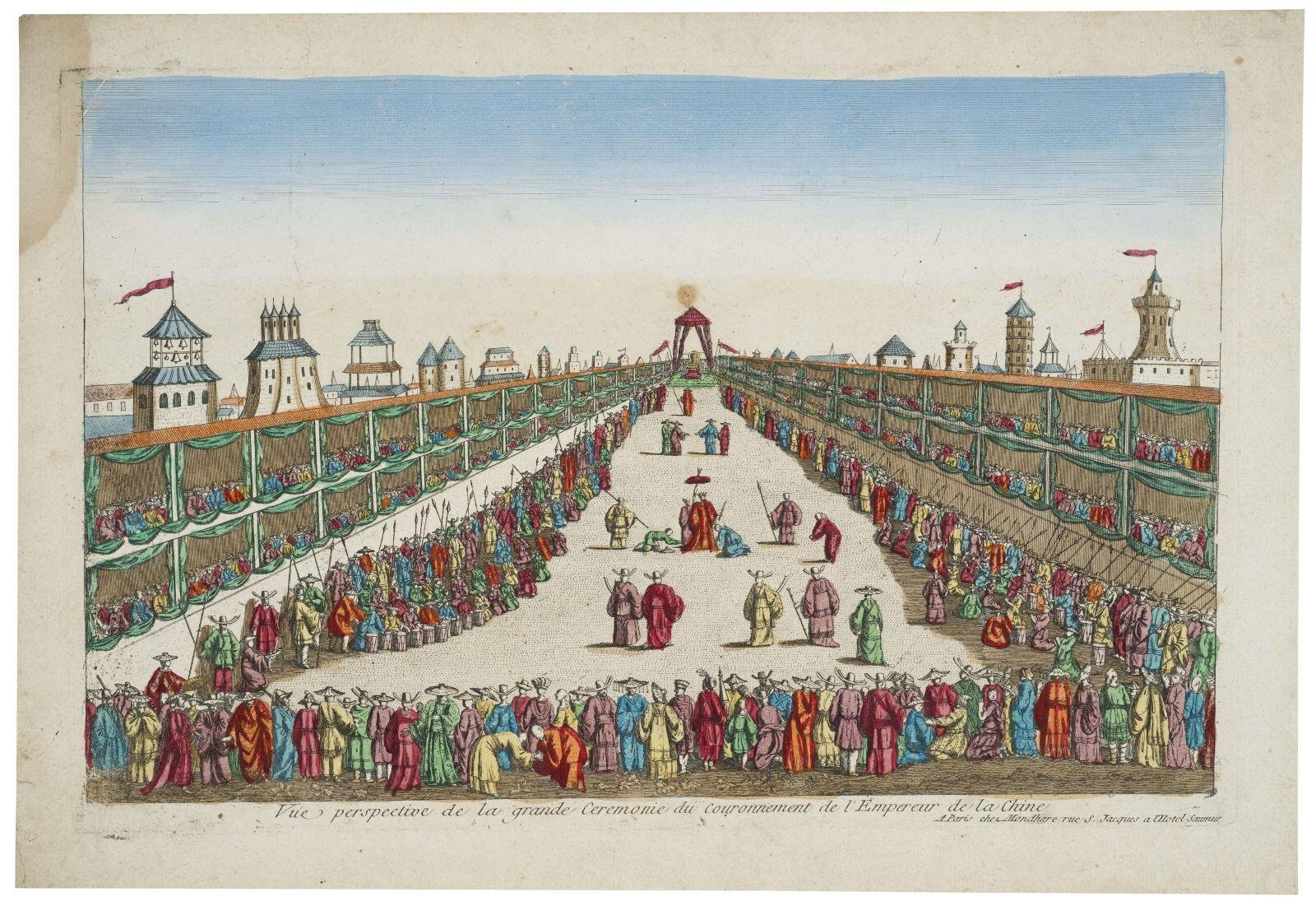 Vue perspective de la grande Ceremonie du Couronnement de l'Empereur de la Chine (titre inscrit)